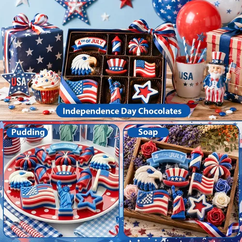 Vista 6 de Moldes de silicona para el 4 de julio, paquete de 2 moldes de chocolate para el Día de la Independencia, bandeja patriótica de silicona para dulces