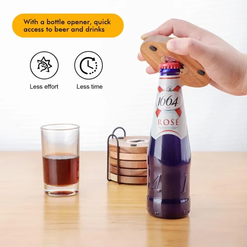 Vista 7 de WLWNWFT Posavasos de madera para bebidas con soporte para abridor de botellas, juego de 6, posavasos de madera de acacia para mesa de café, mesa