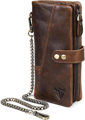 Vista 43 de Genuino Caballo Loco Cuero Regalo de Viaje Moneda Bolsillo Tarjetero Organizador Largo Cadena Rfid Cartera Monedero Con Broche Para Hombres Hombres