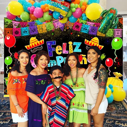 Vista 2 de Telón de fondo de fiesta mexicana para fiesta de cumpleaños, decoración colorida de Cinco de Mayo, Taco, carnaval, fotografía, fondo de fiesta