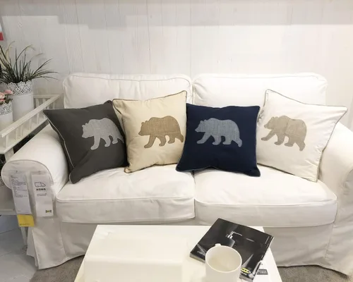 Vista 5 de Fundas de almohada decorativas con diseño de oso, fundas de cojín bordadas de algodón y lino, 45,7 x 45,7 cm (gris)