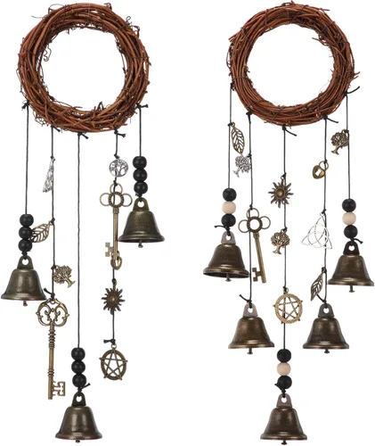 Vista 9 de Jetec 2 piezas de campanas de bruja para proteger las puertas, campanas de viento de bruja, corona hecha a mano para decoración de puerta del hogar