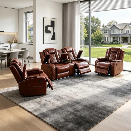 Vista 44 de Juego de sofá modular reclinable eléctrico con luz LED, juego de sofá modular reclinable de cuero, incluye sillón reclinable individual, juego