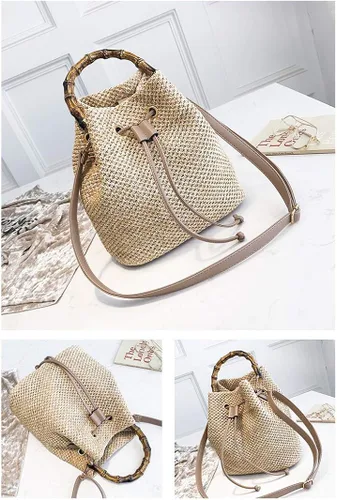 Vista 2 de Youndcc Bolsa de paja tejida para mujer, de ratán, para la playa, tejida a mano, hecha a mano