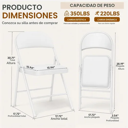 Vista 3 de Paquete de 4 sillas plegables blancas con cojín acolchado para exteriores, sillas plegables de metal comerciales apilables portátiles con marco