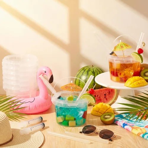 Vista 4 de Willinglong Juego de 20 cubos de plástico transparente de 16 onzas para bebidas con pajitas, tapas y jeringas para bebidas, tazas de café helado