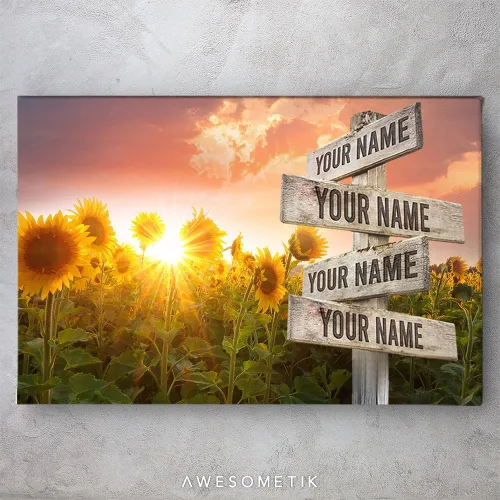 Vista 4 de Awesometik - Lienzo personalizado con varios nombres y girasoles de amanecer, decoración del hogar, regalos enmarcados para él/ella - Awesometik