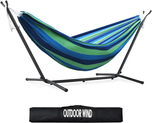 Vista 34 de Hamaca doble ajustable de capacidad de 550 libras con soporte de acero resistente de 10 pies, incluye funda de transporte portátil, fácil de Azul