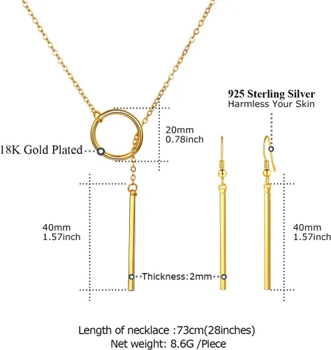 Vista 3 de FOCALOOK Collares largos para mujer, chapados en oro de 14 quilates, delicado colgante de barra de gota en forma de Y, juego de aretes de 28 pulgadas