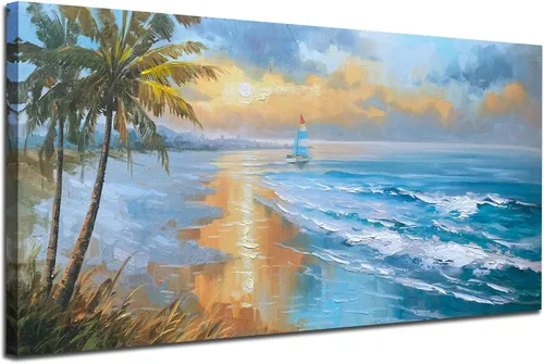 Vista 13 de Enartly Arte de pared texturizado 3D con ondas oceánicas para sala de estar, paisaje marino azul, velero, lienzo, pintura costera, obra de arte