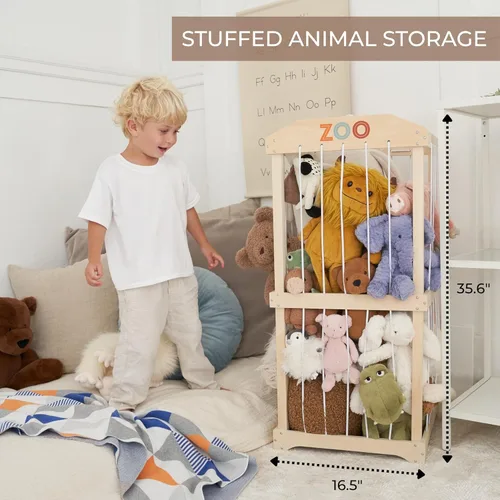 Vista 3 de Almacenamiento de animales de peluche de madera para niños – Gran organizador y soporte de almacenamiento de juguetes para la sala