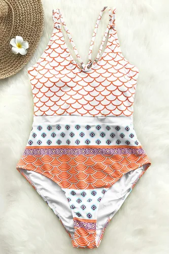 Vista 5 de CUPSHE Traje de baño de una pieza para mujer, cuello redondo, tirantes dobles, estampado geográfico