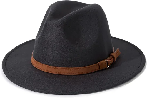 Vista 13 de Lisianthus Sombrero Fedora de ala ancha vintage para hombre y mujer con hebilla de cinturón Negro