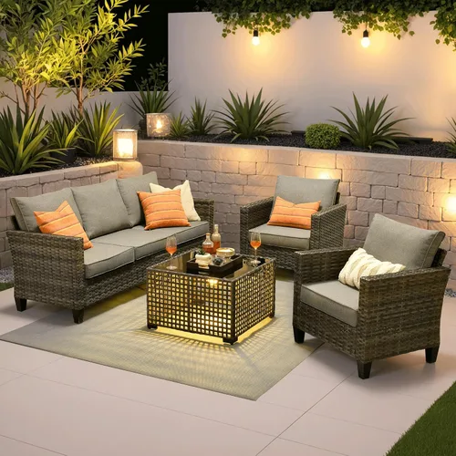 Vista 48 de ovios Juego de muebles de patio de 4 piezas con sofá de exterior, luces solares, mesa, cojines cómodos, sofá de conversación de mimbre de ratán