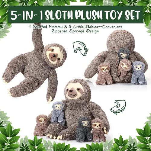 Vista 4 de Kasyat Juego de 5 piezas de animales de peluche de perezoso grande de 13 pulgadas, juguete de peluche con 4 bebés, peluches suaves para niños