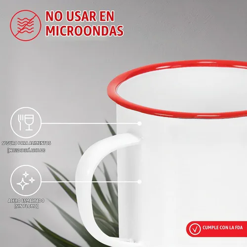 Vista 4 de Red Co. Enamelware - Taza redonda de metal para café y té de 22 onzas con asa, borde blanco y rojo sólido