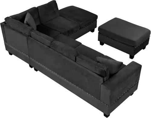 Vista 7 de P PURLOVE Sofá seccional con diván reversible y 2 almohadas (negro)