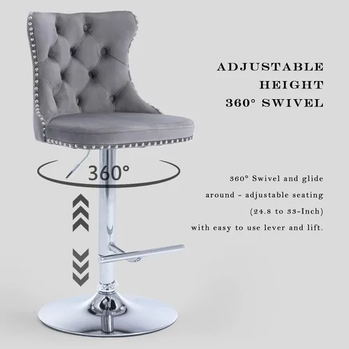Vista 200 de SoarFlash Juego de 2 taburetes de bar tapizados de terciopelo moderno con patas de madera, botones acolchados, cabeza de clavo cromada, asiento