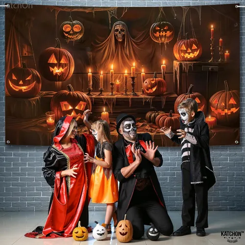 Vista 3 de KatchOn Telón de fondo espeluznante de Halloween de 72 x 44 pulgadas Calabaza café