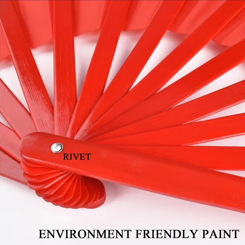 Vista 3 de Abanicos de mano plegables de bambú grandes, color rojo, ventilador KunFu para eventos, bailes, espectáculos, festivales, regalo (todo rojo)