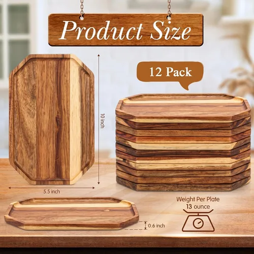 Vista 2 de Dandat Paquete de 12 platos de madera de acacia para servir de 10 x 5.5 pulgadas, bandeja rústica rectangular para charcutería, plato de queso