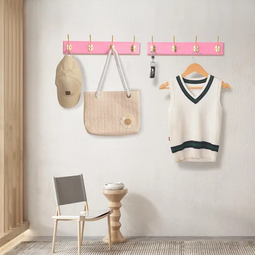 Vista 2 de Perchero de bambú para montaje en pared, 17 pulgadas, 4 ganchos dobles, paquete de 2, rosa y dorado