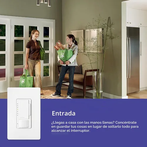 Vista 3 de Lutron Maestro Interruptor LED+ con sensor de movimiento/atenuador con placa de pared 150W LED Un polo/múltiples ubicaciones MSWCL-OP153M-WH