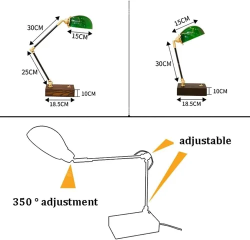 Vista 2 de Vintage Industrial Green Glass Table Lamp Modern Antique Brass and Wood Body Desk Light with Button Switch Table Lights for Bedroom(Walnut,Short)
