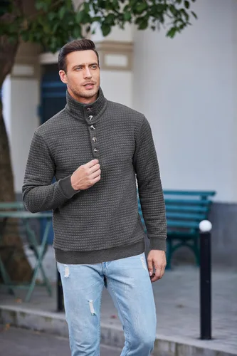 Vista 2 de COOFANDY Sudadera con cuello de cuarto para hombre, suéter de manga larga con diseño de gofres