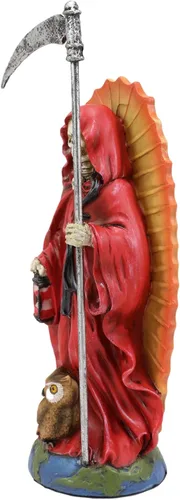 Vista 2 de Ebros Gift Túnica roja de 7.5 pulgadas de alto, diseño de hueso de la muerte de Santa Muerte, guadaña y reloj de arena de pie en el globo