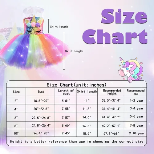 Vista 3 de Vestido de unicornio para niñas de 3 a 8 años con diadema tutú iluminado con lentejuelas disfraz de fiesta de unicornio vestido de princesa