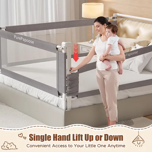 Vista 3 de Barandilla de cama de tamaño individual de 3 piezas para niños pequeños, protector de riel de cama de bebé de altura ajustable con barra