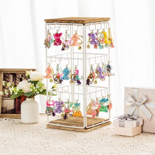 Vista 4 de Yoimori Organizador de aretes, organizador de almacenamiento de aretes con base de madera, 48 ganchos para mujeres y niñas, organizador de joyas