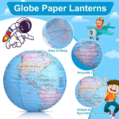 Vista 4 de Linternas de papel colgantes con diseño de globo terráqueo, decoraciones del Día de la Tierra alrededor del mundo, linternas de papel temáticas