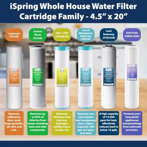 Vista 6 de iSpring WGB12B Sistema de filtración de agua para toda la casa de 1 etapa con filtro de bloque de carbono de 20 x 4.5 pulgadas, reduce hasta un 99%