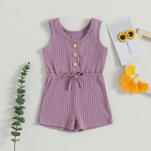 Vista 58 de Traje de verano para niña pequeña, de manga corta, acanalado, overol liso, pantalones cortos, ropa para recién nacidos