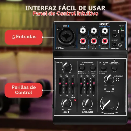 Vista 5 de Pyle Mezclador de audio Bluetooth de 3 canales - Controlador de sonido DJ e interfaz de tarjeta de sonido USB para grabación de PC, entrada XLR
