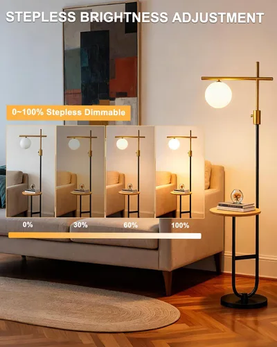 Vista 2 de Lightdot Lámparas de pie regulables doradas y negras de 66 pulgadas con mesa, moderna lámpara alta de pie con pantalla de globo, cabeza