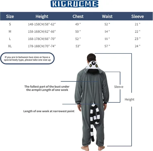 Vista 6 de Kigrucme Onesie - Mameluco para adultos, para mujer, disfraz de animal Lemur, disfraz de Halloween y Navidad, fiesta familiar