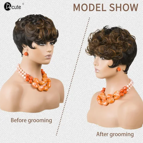 Vista 5 de DOcute Pelucas cortas de corte Pixie para mujeres negras, peluca Pixie negra y marrón, pelucas cortas rizadas con flequillo, peluca corta
