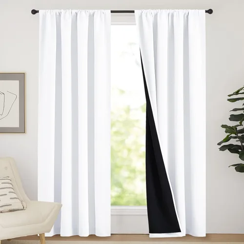 Vista 99 de NICETOWN Biscotti Beige 100% Cortinas opacas de 45" de largo para cocina, bolsillo con varilla para sótano completamente opaco, cortinas térmicas