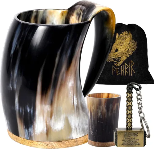 Vista 8 de FENRIR Cuerno vikingo para beber con taza de café y cuchara con plato Cuerno de buey auténtico nórdico Grado alimenticio medieval Bebidas