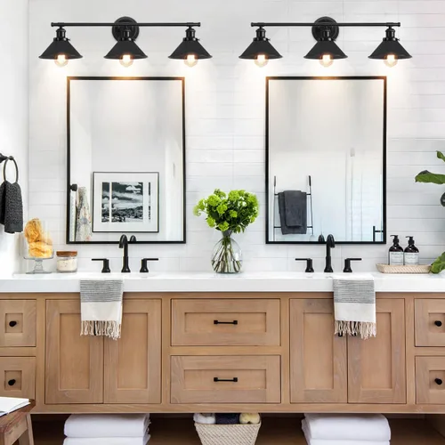 Vista 3 de TOULMJ Lámparas de tocador de baño, luces de tocador de granja, 3 lámparas de baño sobre espejo de pared con pantalla de metal, luces de tocador