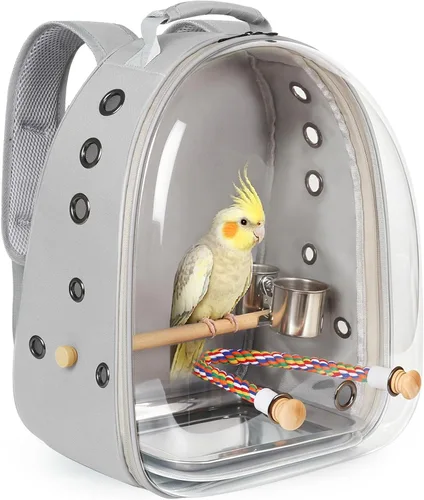 Vista 17 de Jaula de transporte de pájaros, cápsula de espacio transparente, mochila de astronauta para llevar periquitos, cacatúas, loro con bandeja de metal