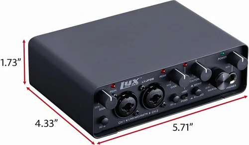 Vista 4 de LyxJam Paquete de grabación de interfaz de audio USB 2 × 2, micrófono de condensador cardioide, auriculares de estudio, montaje de choque, cable