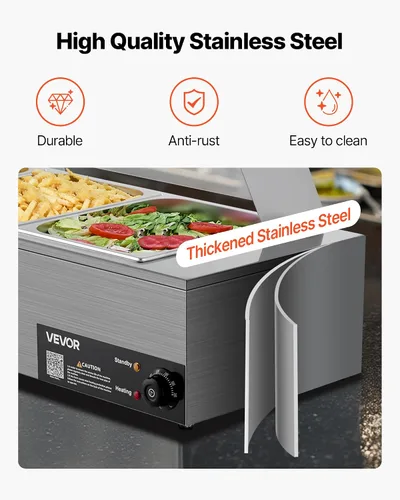 Vista 5 de VEVOR Calentador de Alimentos Comercial, Calentador de Alimentos al Vapor Eléctrico de Acero Inoxidable de 1500W con Tapa de Vidrio, Baño María