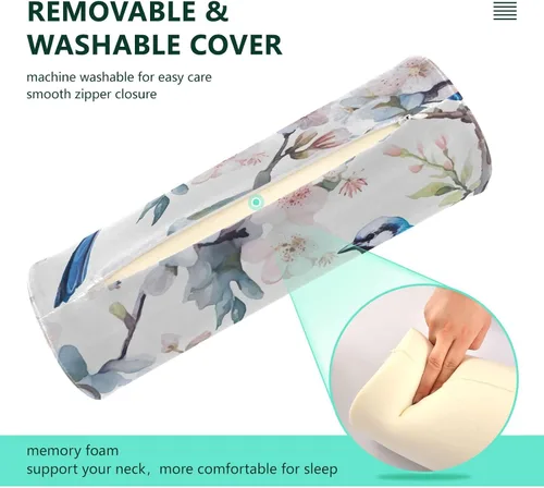 Vista 4 de Blue Birds White Neck Pillow for Sleeping, Cervical Roll Memory Foam Pillows for Neck Pain Relief, Neck Support Round Pillows with Washable Cover