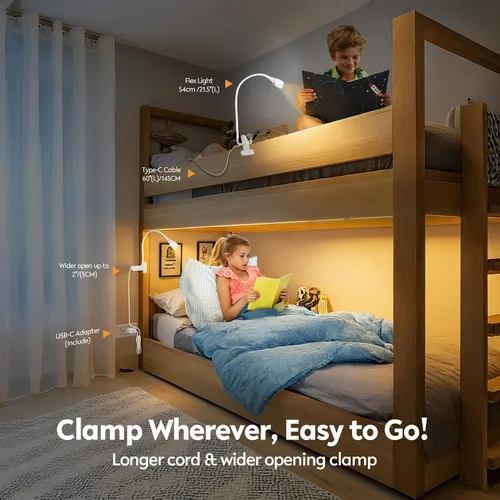 Vista 6 de acegoo Luz de lectura minimalista para cabecero de cama, lámpara de clip blanca regulable con adaptador USB-C, cuello flexible y práctico