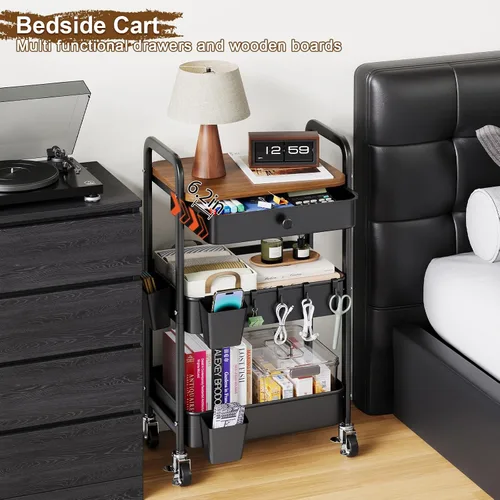 Vista 8 de Carrito de metal de 3 niveles con mesa y cajones de madera, carrito de almacenamiento negro sobre ruedas, organizador de carritos de arte de tres
