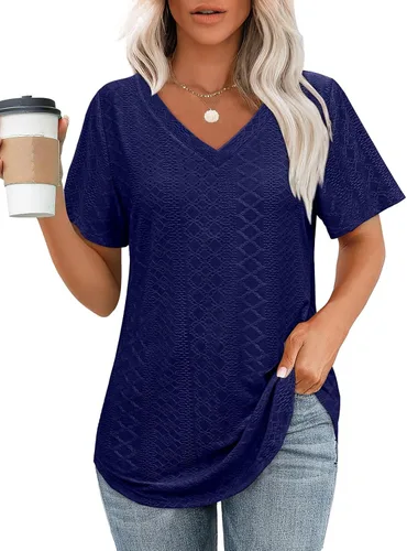 Vista 16 de OFEEFAN Camisetas básicas de manga corta con cuello en V para mujer, ajuste holgado, con dobladillo curvado B-verde